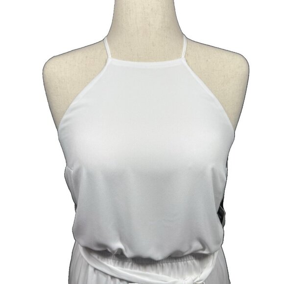 Express High Neck Asymmetrical Ruffle Wrap Fit And Flare Dress White Size Medium - Picture 7 of 8